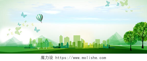 建立低碳绿色城市手绘卡通绿色banner环保